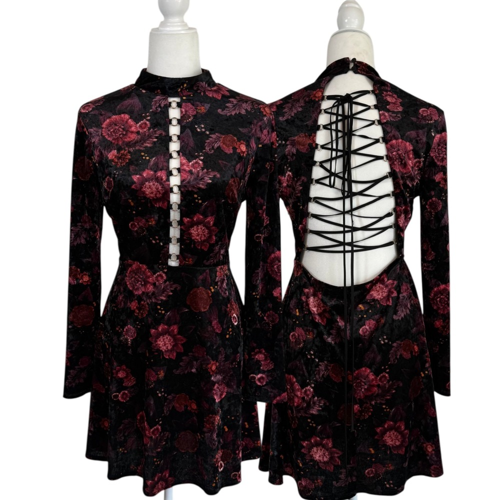 Topshop Velvet Floral Mini Dress 6 Lace Up Back Burgundy Whimsigoth Goth Moody